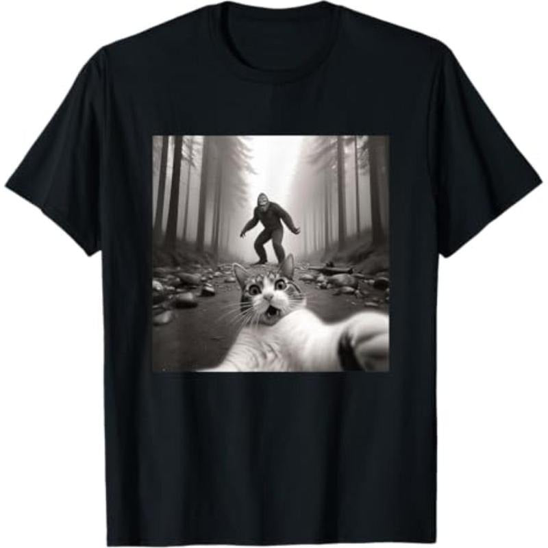 short sleeve shirt  Funny Surprised Scared Cat Selfie With Sasquatsch Bigfoot T-Shirt Hoodie Sweatshirt | PrintMintTees.com