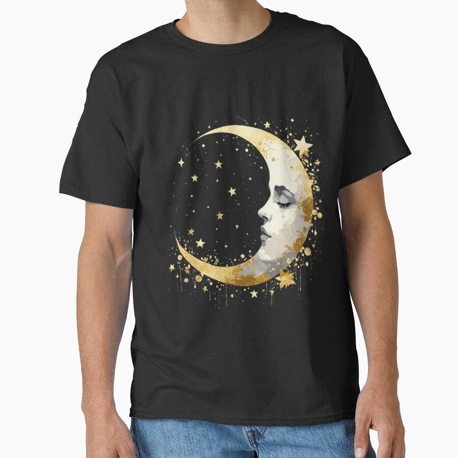 Golden Crescent Moon Face – Mystical Celestial Boho Art by joxprints