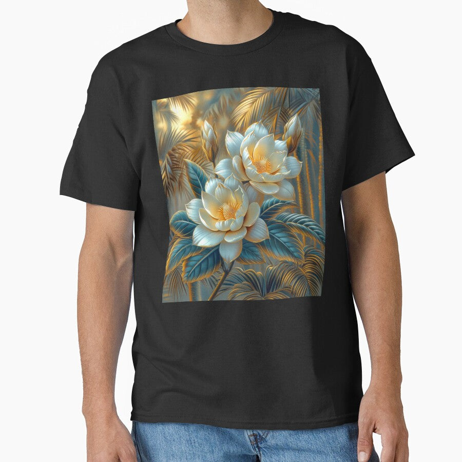 White  Blue and Gold Tropical Flowers by MargaretWiktor