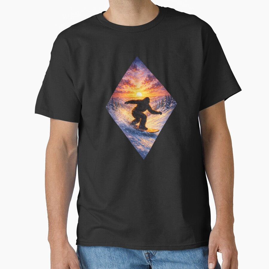 Bigfoot Snowboarding Sunset Art by Planetporridge