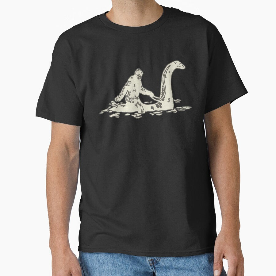 Bigfoot Sasquatch Riding The Loch Ness Monster Funny Short Sleeve T-Shirt by ChockletBoy