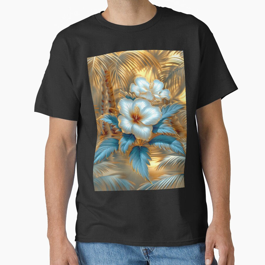 White  Blue and Gold Tropical Hibiscus Flowers by MargaretWiktor