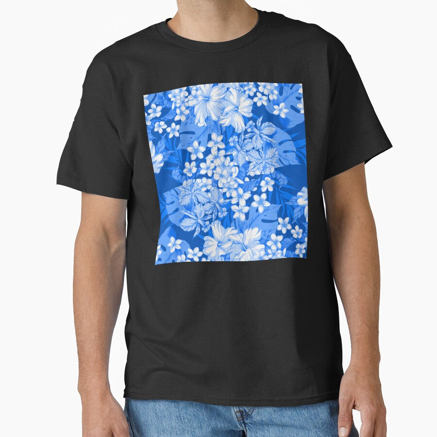 Blue And White Hawaiian Floral And Leaf Pattern by DEC02
