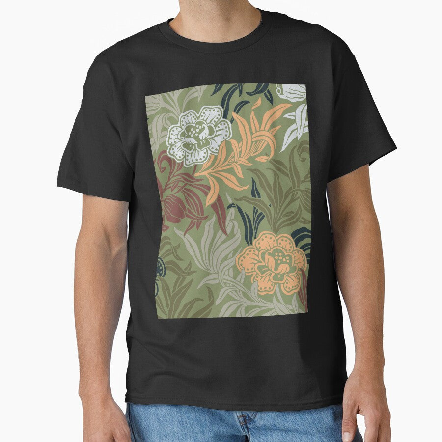Art Nouveau Vintage Floral Botanical Woodblock Flower Pattern Green and Peach by kierkegaard
