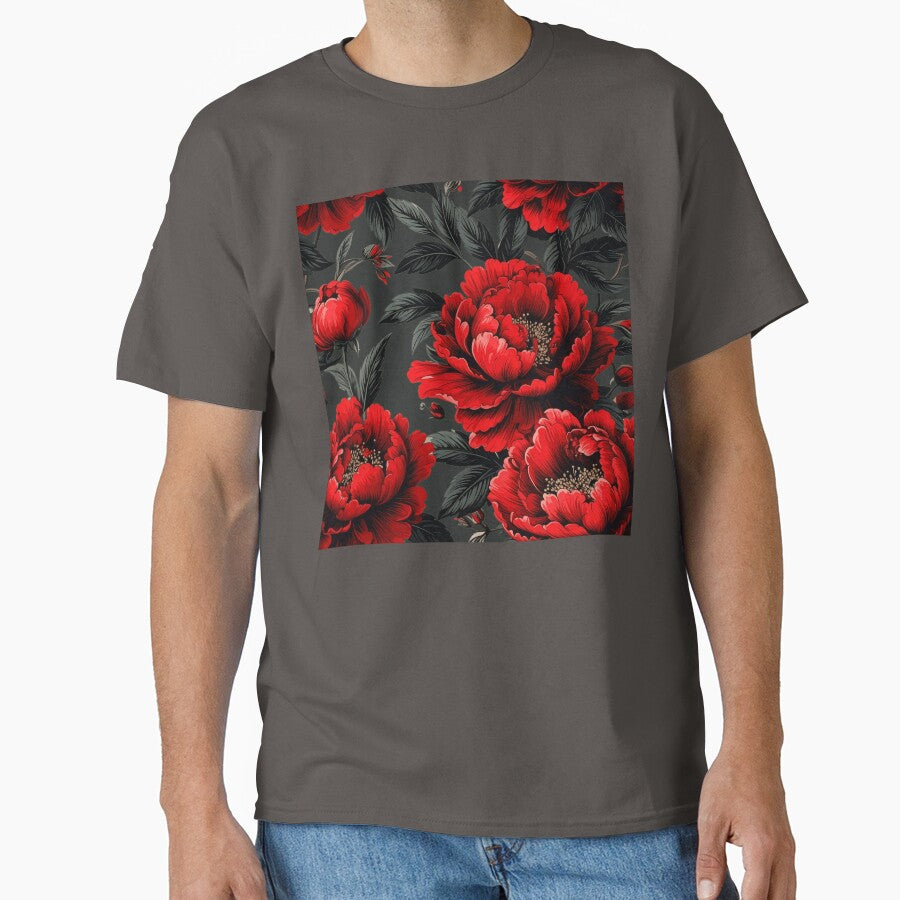 Dark Red Peony Floral Pattern Vintage Style by Rutvain