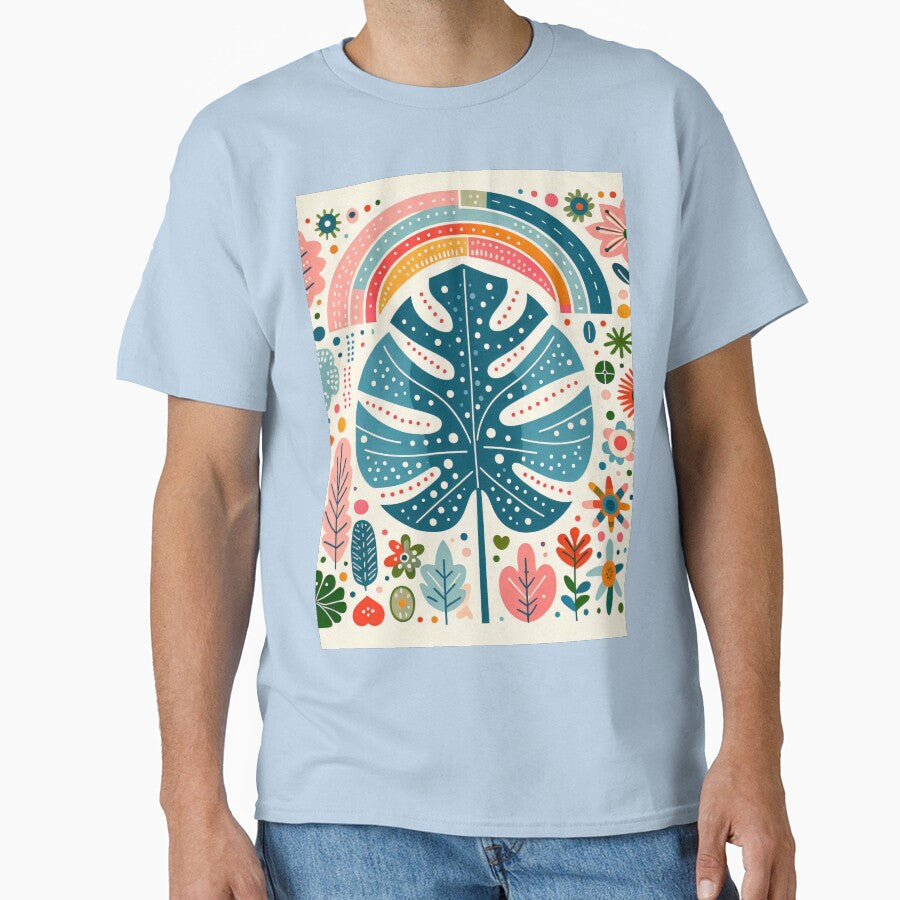 Blue Monstera Leaf Rainbow Vibrant Tropical Bloom - Scandinavian Folk Art by heidiannemorris © by FOLK ART FUSION by heidiannemorris