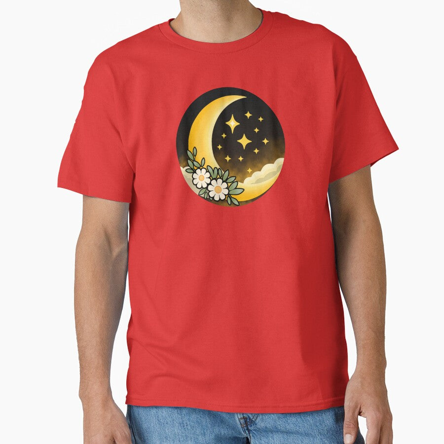 Golden Crescent Moon with Daisies – Celestial Boho Night Sky Design by RitaRuni1992
