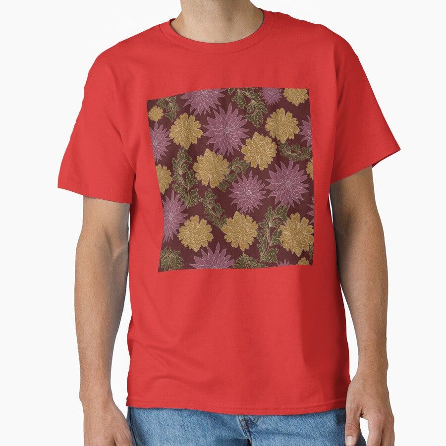 A seamless vintage floral pattern in deep warm tones, featuring classic flowers illustrated in rich shades of dark brown, brick red, copper, and muted cream by Line-Aura