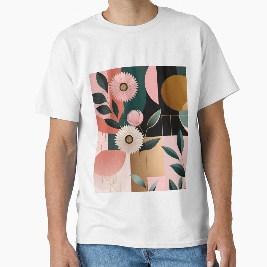 Mid Century Botanical Retro Geometric Leaves  Florals Pink, Green by Prints and Lifestyle