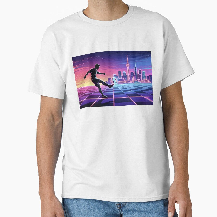 Neon Soccer Player Silhouette Retro City Skyline Sports T-Shirt by DreamyTupelo
