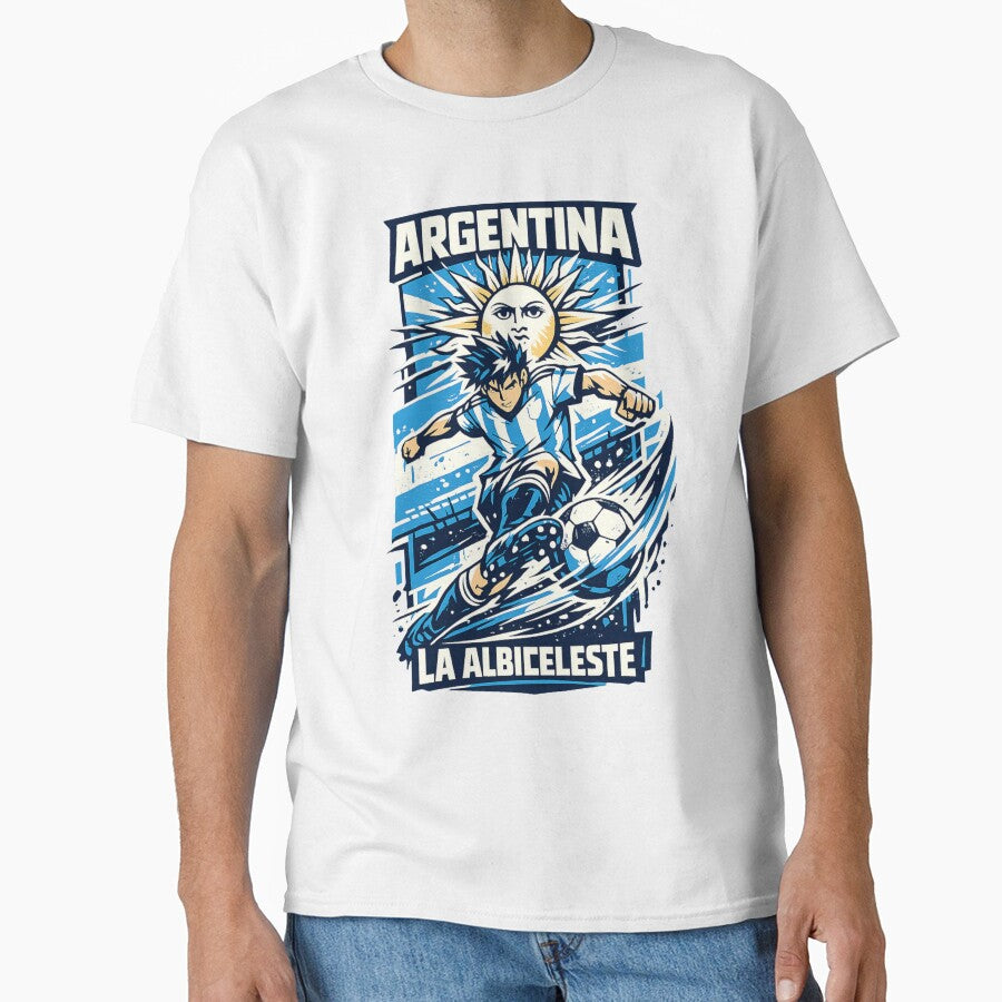 Argentina Soccer Anime Design – La Albiceleste Street Football Art – Dynamic Striker Graphic Tee by JonelCrafts
