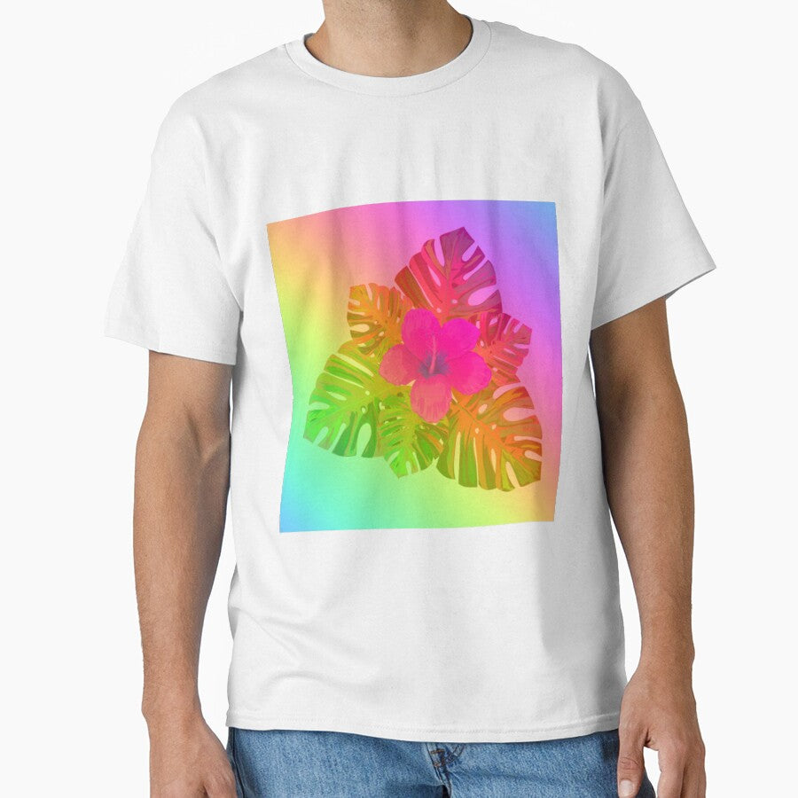 Tropical Rainbow Multicolor Hibiscus Leaves Pink Flower Green Leaves by hearthearts
