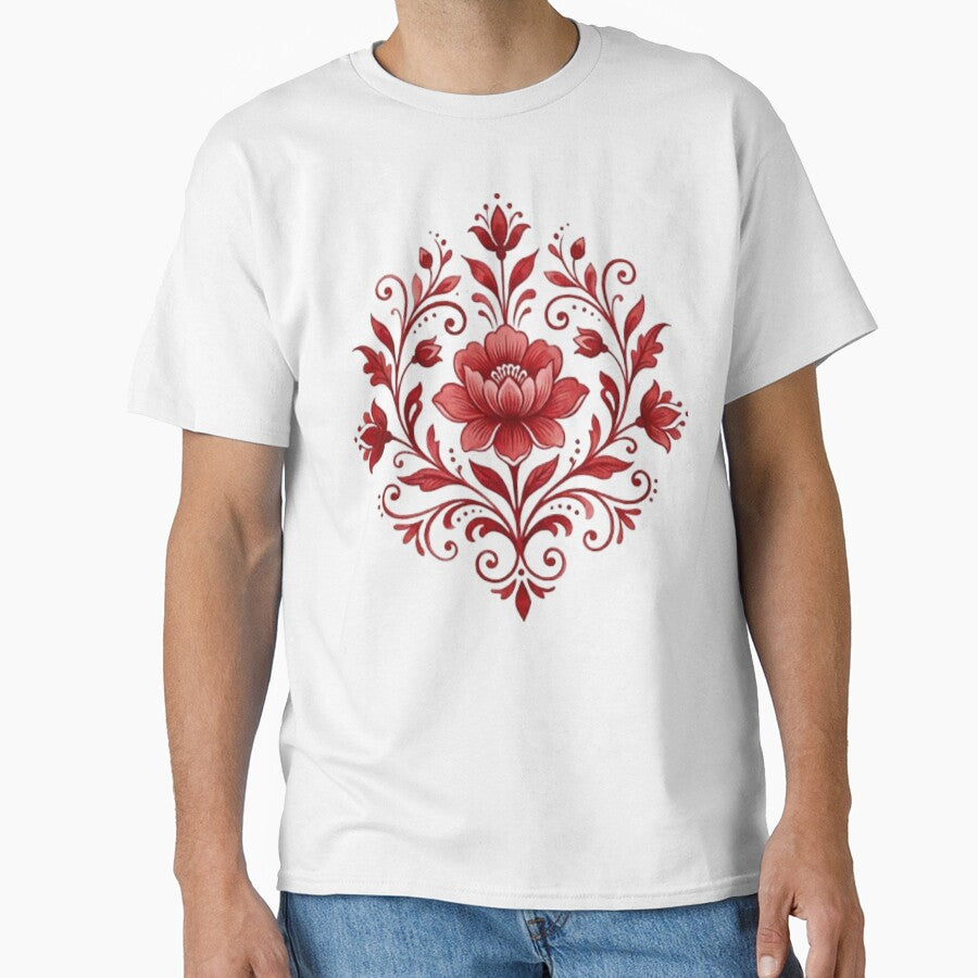 Red floral motif on Royal Blue background by DoneAndDusted