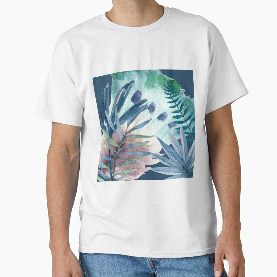 Tropical Green and Blue Leaves with Feather Fan on Dark Blue Background (1of3) by DzineVine