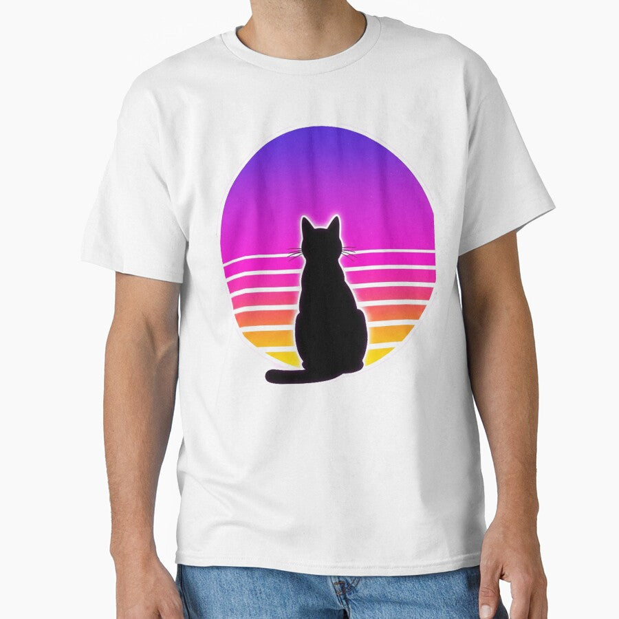 80s Retro Sunset Cat Silhouette – Vaporwave Nostalgic Aesthetic Art by Qurratul Sadia