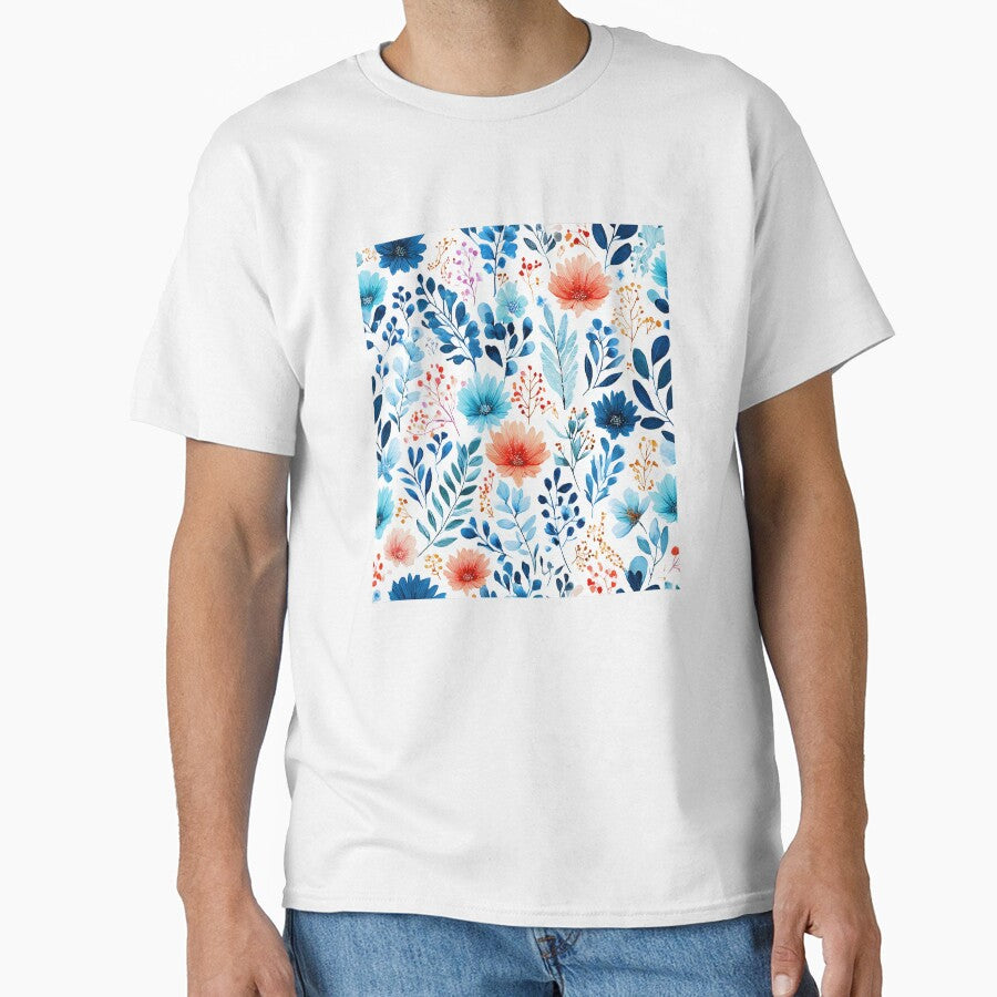 Watercolor Blue Orange Flowers Seamless Pattern by BonaDesignsArt