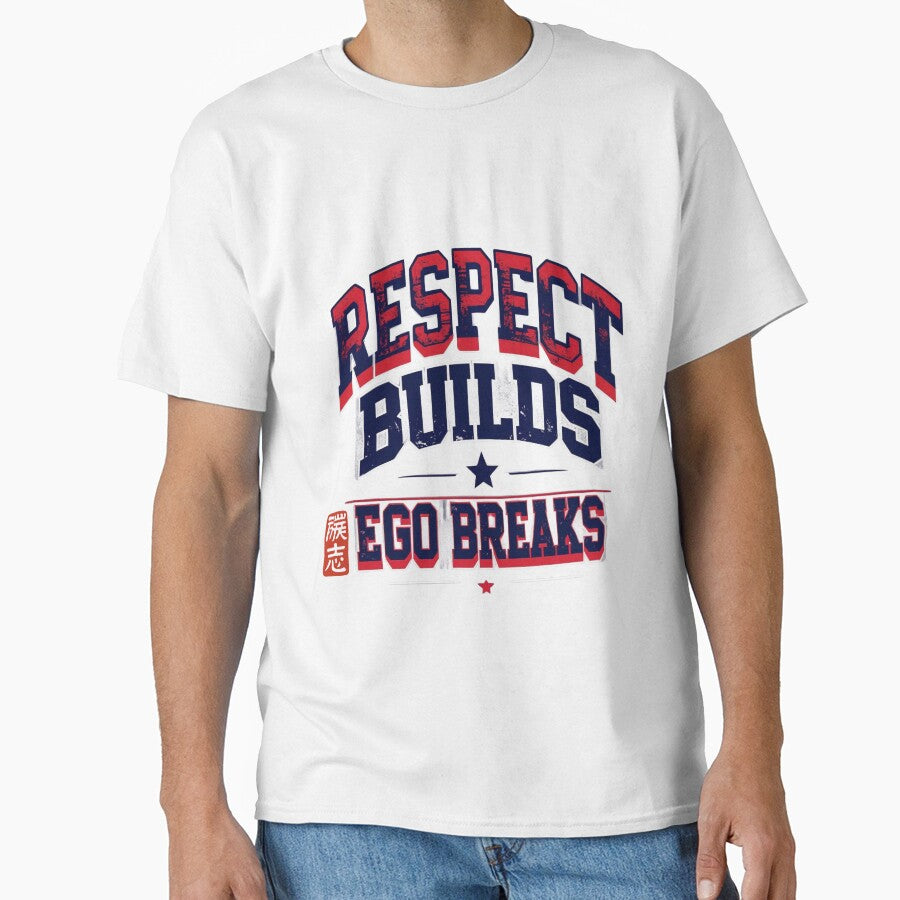 "Respect Builds Ego Breaks" Vintage Football Jersey Style T-Shirt - Retro 80s 90s Athletic Graphic Tee | Unique Streetwear & Inspirational Gift for Him - Motivational Positive Message Apparel by 50ファイターJP