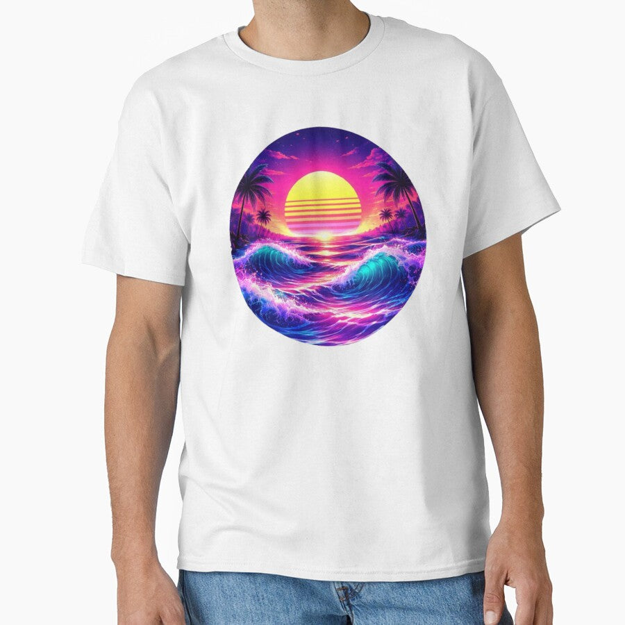 Neon Tropical Sunset Waves with Retro Synthwave Sun and Palm Paradise Aesthetic by QuotinTs