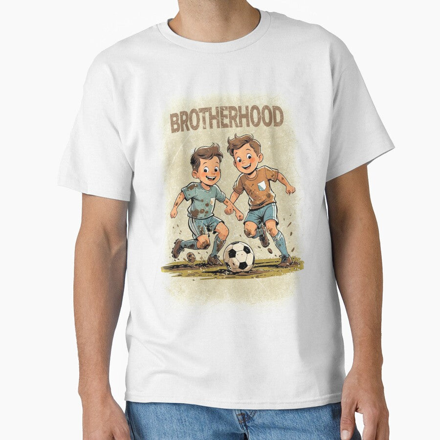 Brotherhood – Muddy Kids Playing Soccer Vintage Illustration by p-frosty-design