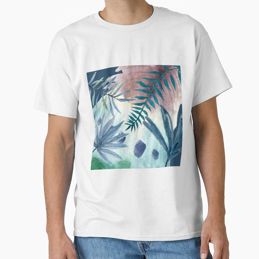 Tropical Green and Blue Leaves with Feather Fan on Dark Blue Background (2of3) by DzineVine