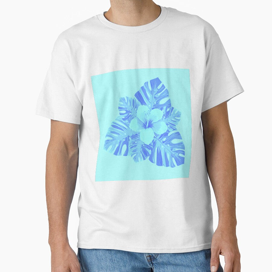 Tropical Hibiscus Leaves and Flower Sky Baby Blue by hearthearts