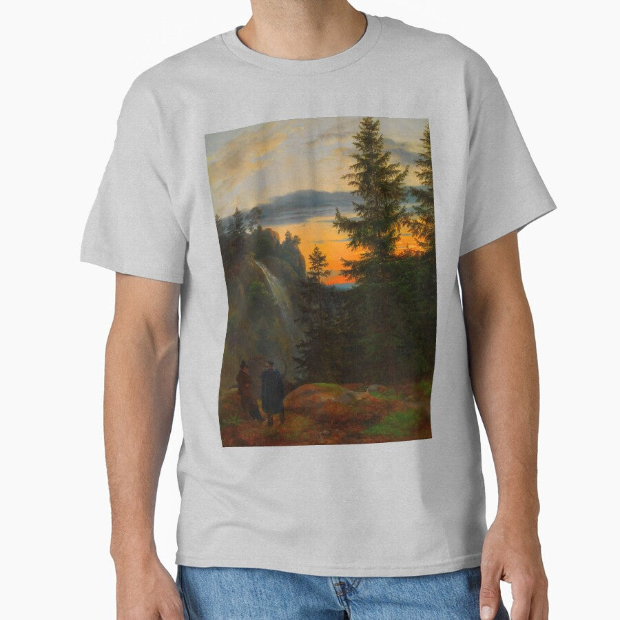Sunset painting, Sunset Artwork, Two Men before a Waterfall at Sunset by danaJG