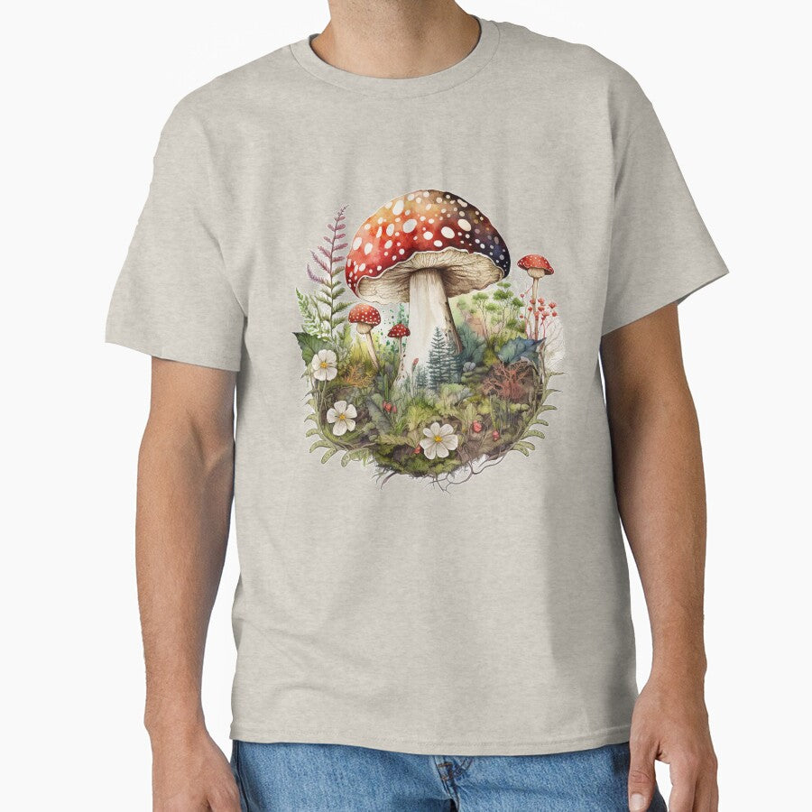 Watercolor Amanita Muscaria Red Mushroom with Wildflowers by Brainless Art
