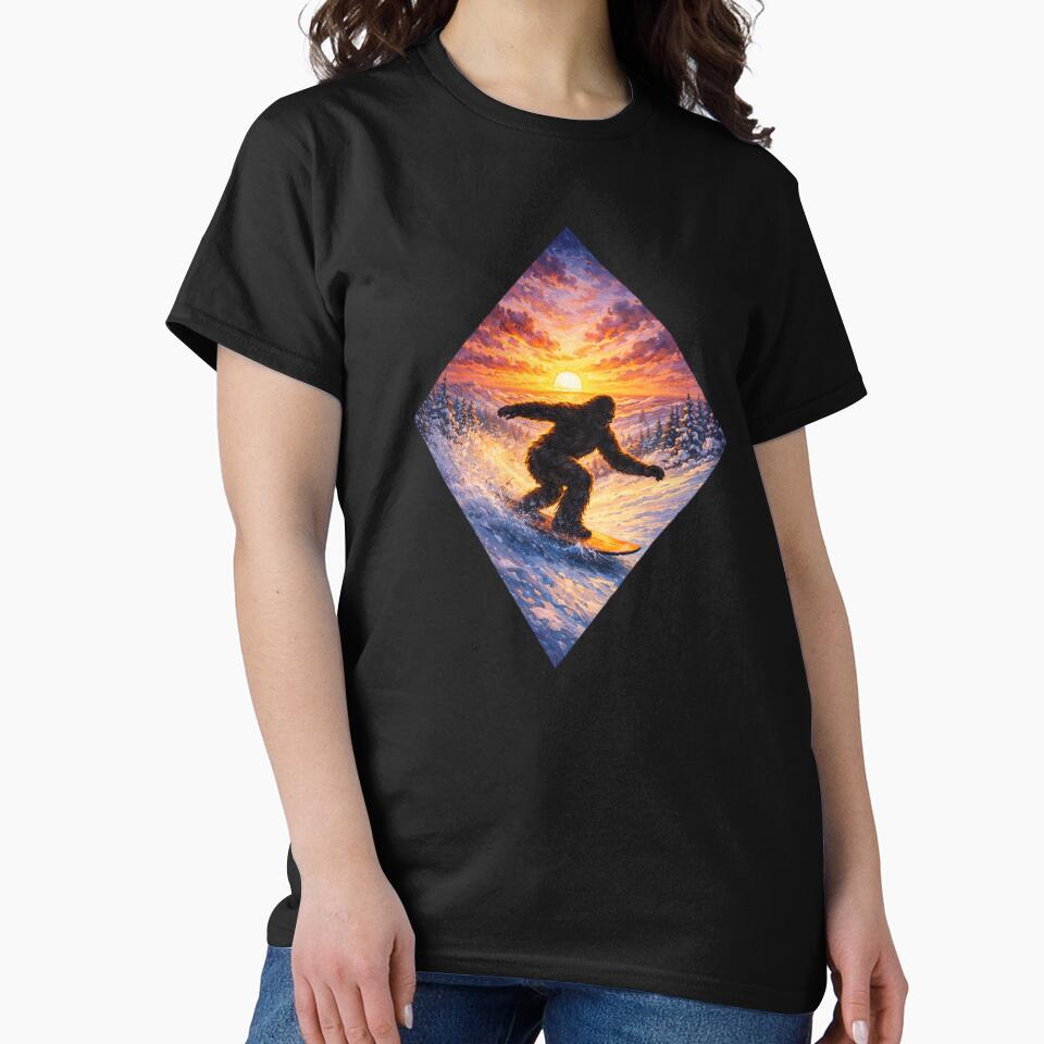 Bigfoot Snowboarding Sunset Art by Planetporridge
