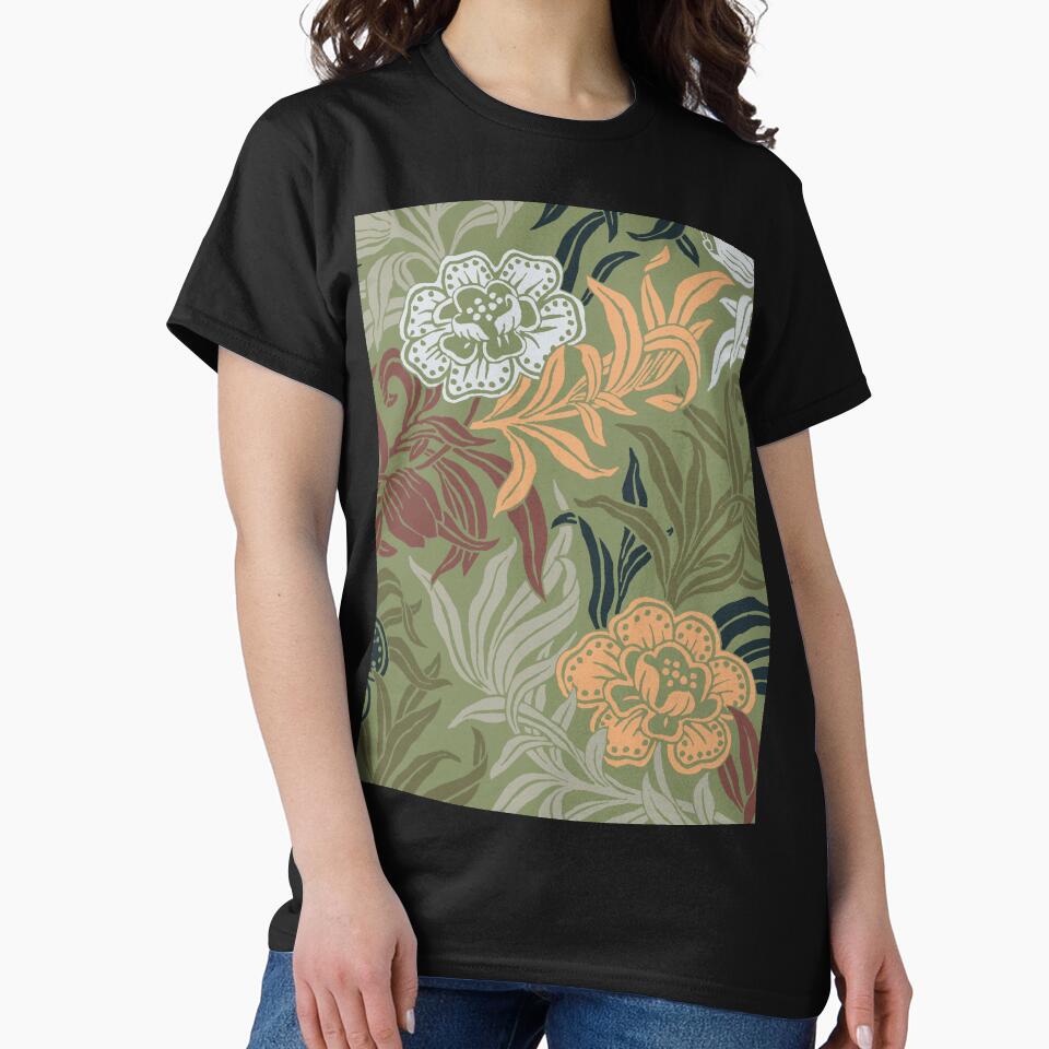 Art Nouveau Vintage Floral Botanical Woodblock Flower Pattern Green and Peach by kierkegaard