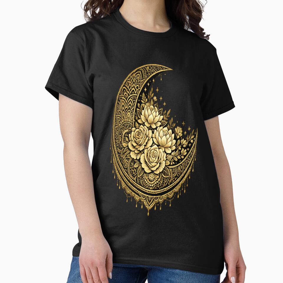 Golden Crescent Moon Floral Celestial Boho Design by LunarStillCo