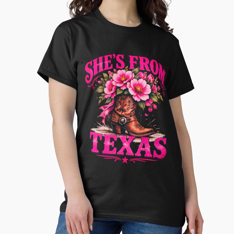 She’s From Texas Western Cowgirl Boot Floral Texas Country Girl Graphic by designleon19