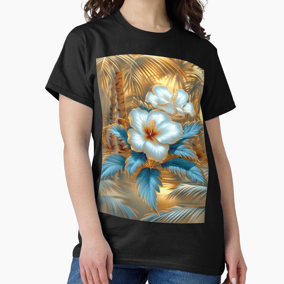 White  Blue and Gold Tropical Hibiscus Flowers by MargaretWiktor