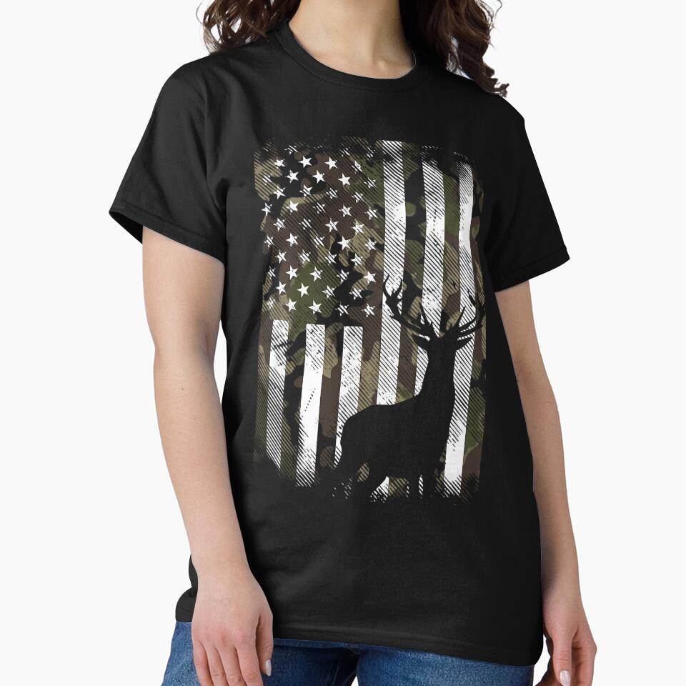 Camo US Flag Deer Elk Buck Camoflage Hunting Hunter Dad 	 Short Sleeve by cichhvenuu23