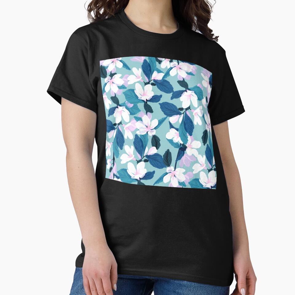 White And Pink Floral And Blue Leaves Pattern by DEC02
