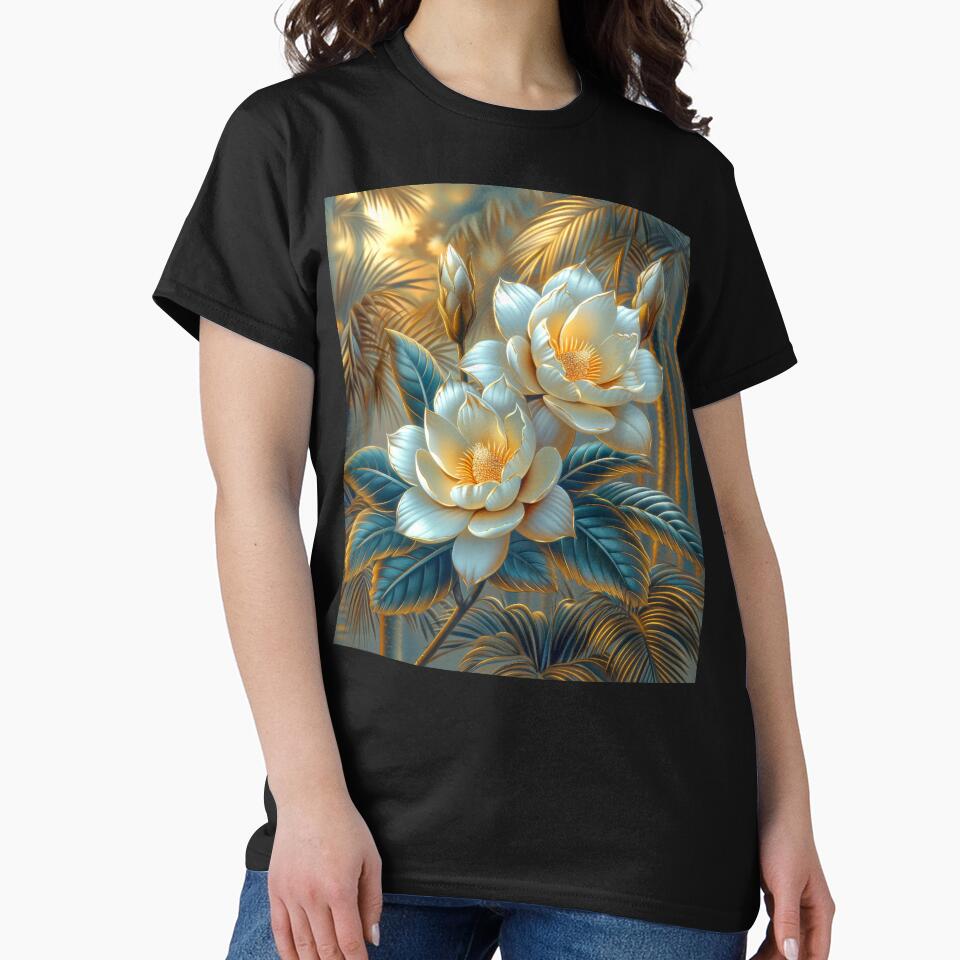 White  Blue and Gold Tropical Flowers by MargaretWiktor