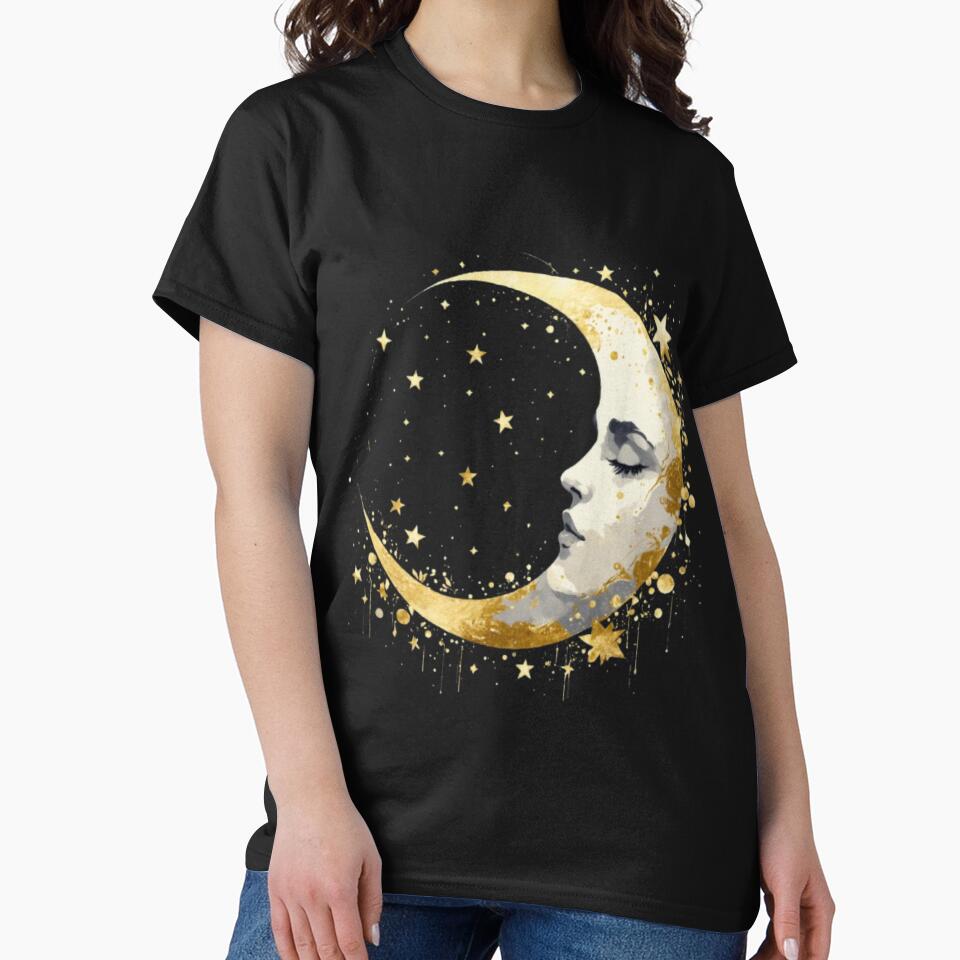 Golden Crescent Moon Face – Mystical Celestial Boho Art by joxprints