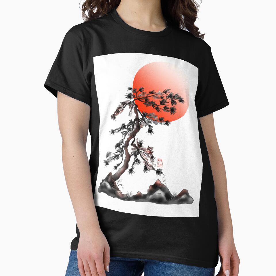 Rising sun with Japanese ink sumie style pine trees by CuisineCat