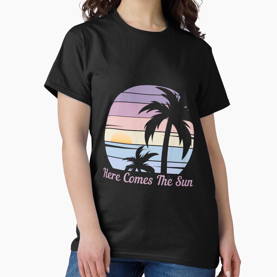 Here Comes The Sun - Retro Palm Tree Sunrise,  Good Vibes, Self Love by Sun Sand & Sea Art