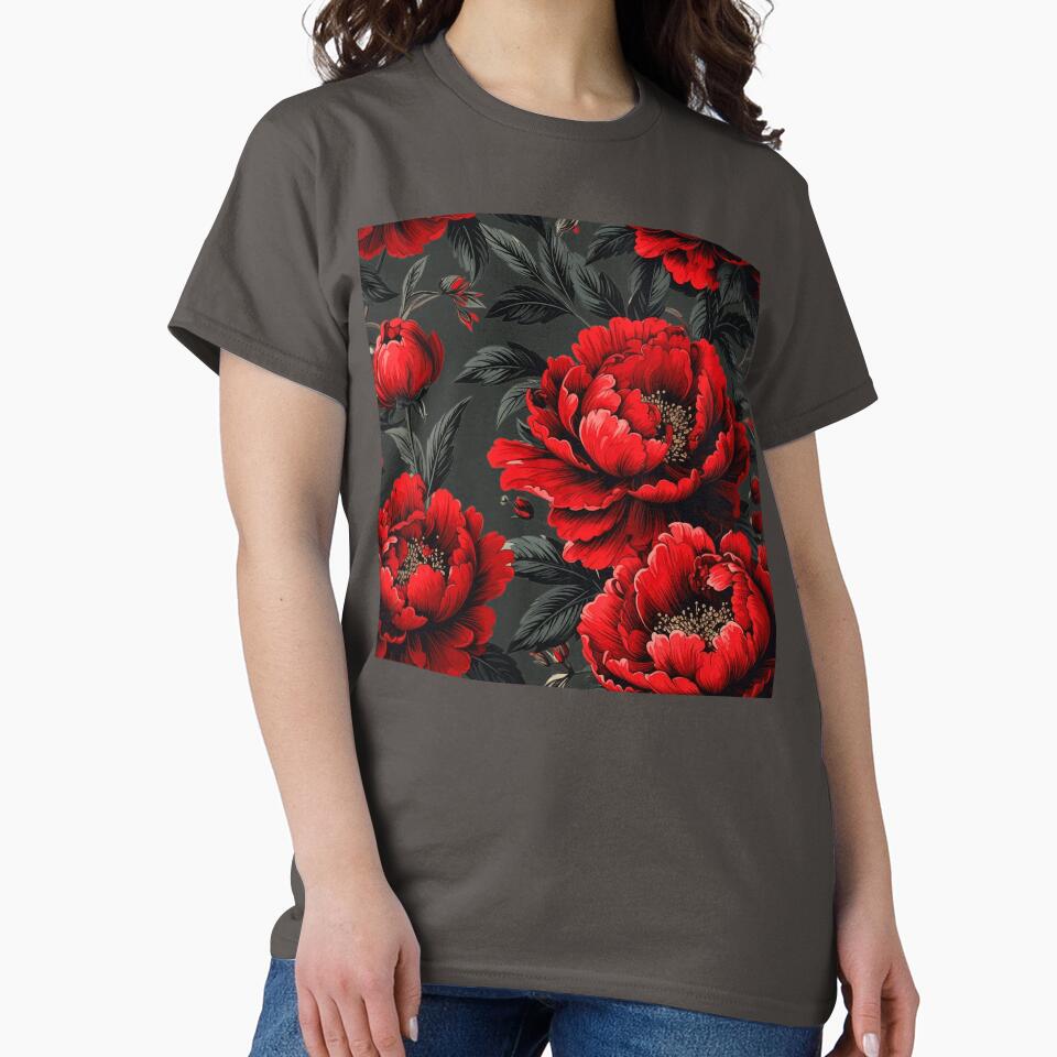 Dark Red Peony Floral Pattern Vintage Style by Rutvain