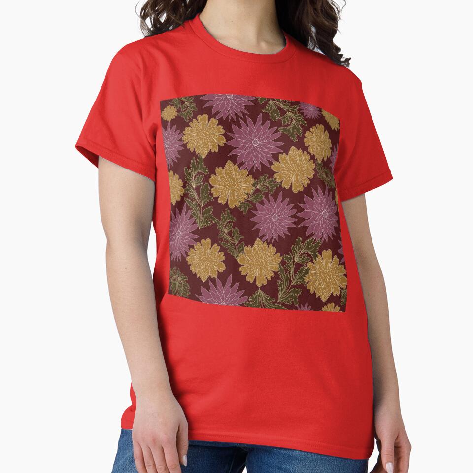 A seamless vintage floral pattern in deep warm tones, featuring classic flowers illustrated in rich shades of dark brown, brick red, copper, and muted cream by Line-Aura