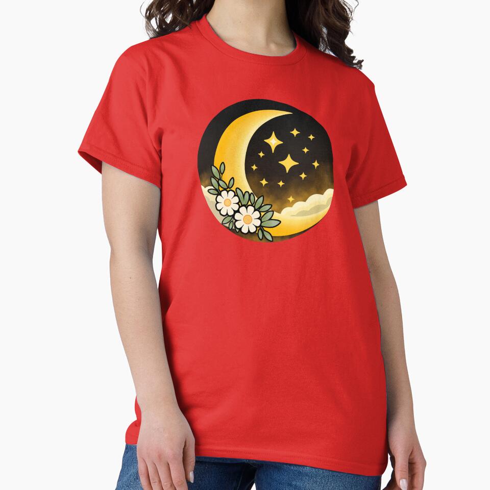 Golden Crescent Moon with Daisies – Celestial Boho Night Sky Design by RitaRuni1992