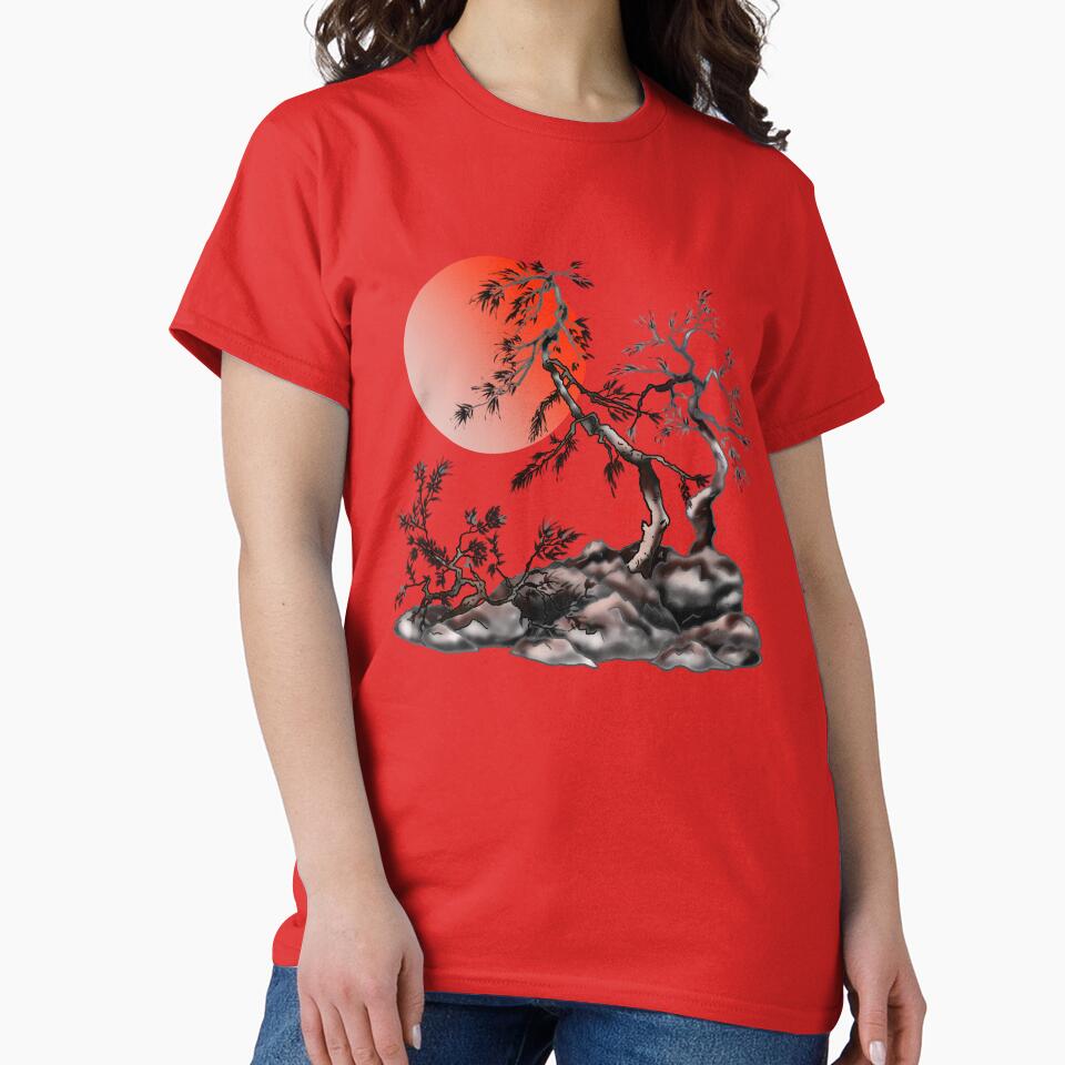 Japanese pine trees under a red rising sun by CuisineCat