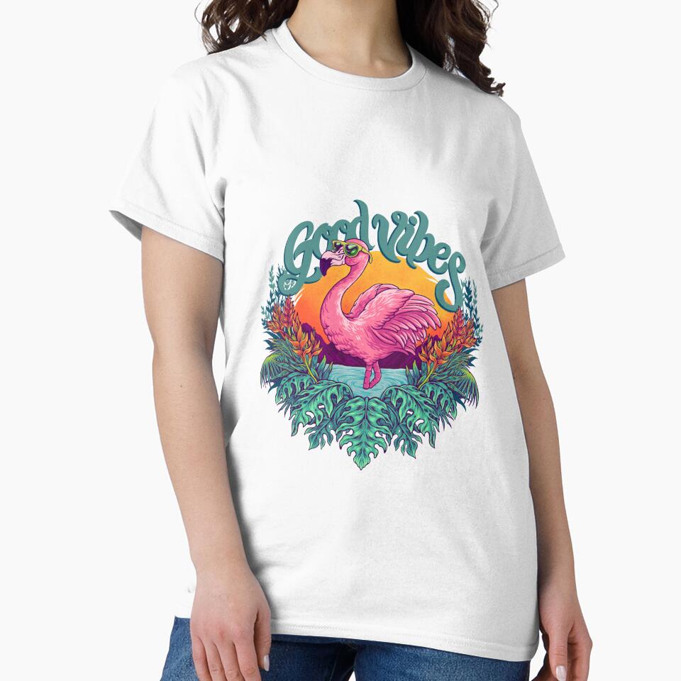 summer exotic pink flamingo with good vibes typography by Beeroclock