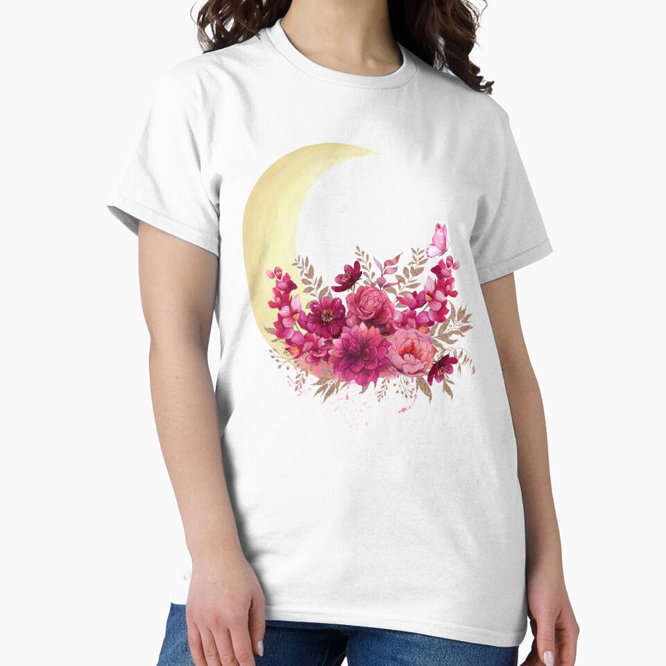 Floral Crescent Moon Design – Pink Watercolor Flowers & Butterfly Aesthetic by kpwi_maduwanthi