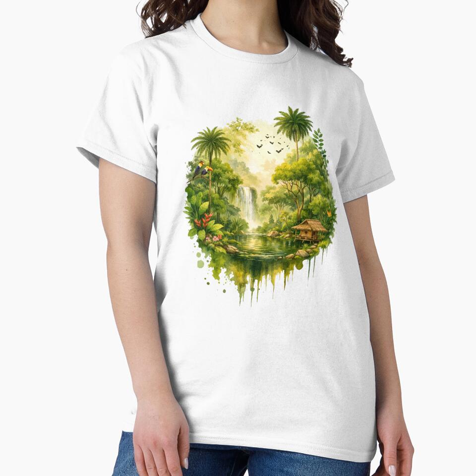Tropical Jungle Waterfall Landscape – Rainforest Nature Illustration by kpwi_maduwanthi