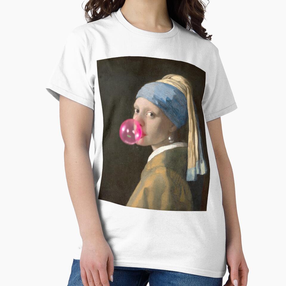 Girl with pearl earring blowing a  pink balloon by Photopat
