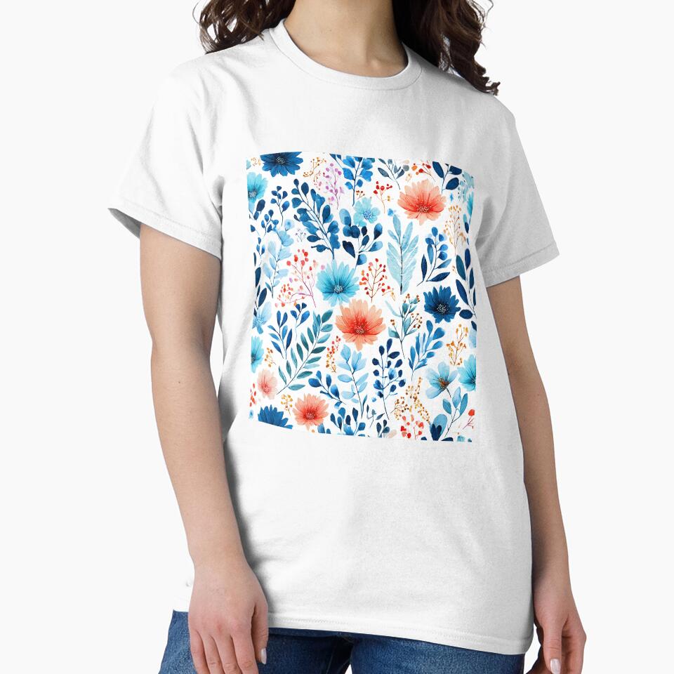 Watercolor Blue Orange Flowers Seamless Pattern by BonaDesignsArt