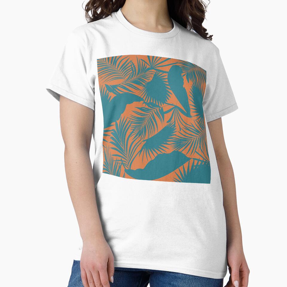 Dark Green Tropical Jungle Leaves Pattern Design, Orange Background by antevasinart