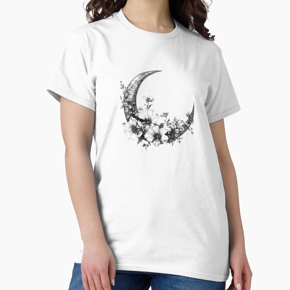 Quiet Bloom Crescent Moon – Celestial Botanical Engraving by LunarStillCo
