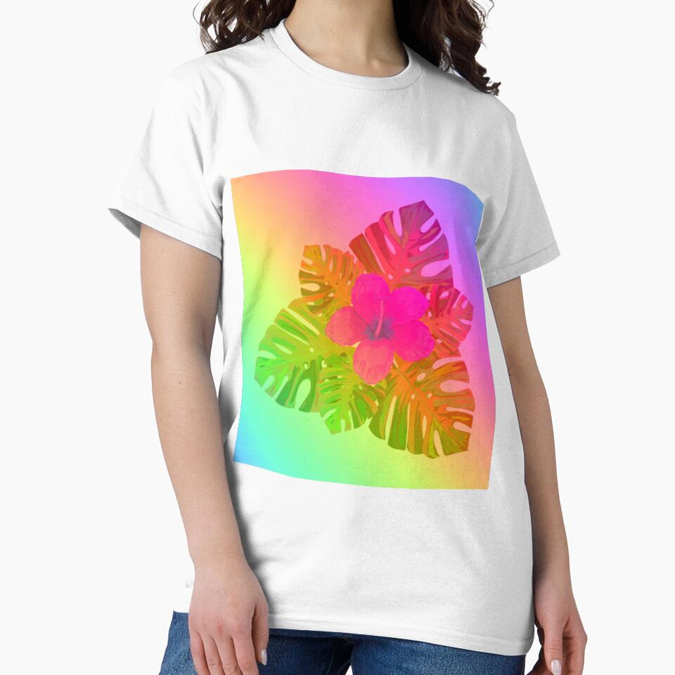 Tropical Rainbow Multicolor Hibiscus Leaves Pink Flower Green Leaves by hearthearts
